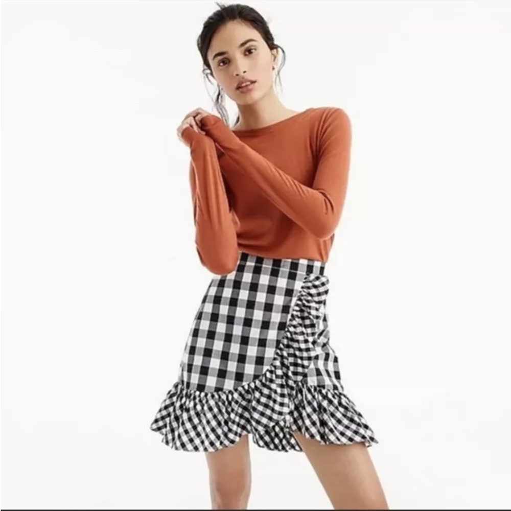 NWT J. Crew Ruffle Mini Skirt in Gingham Black/White Size 0